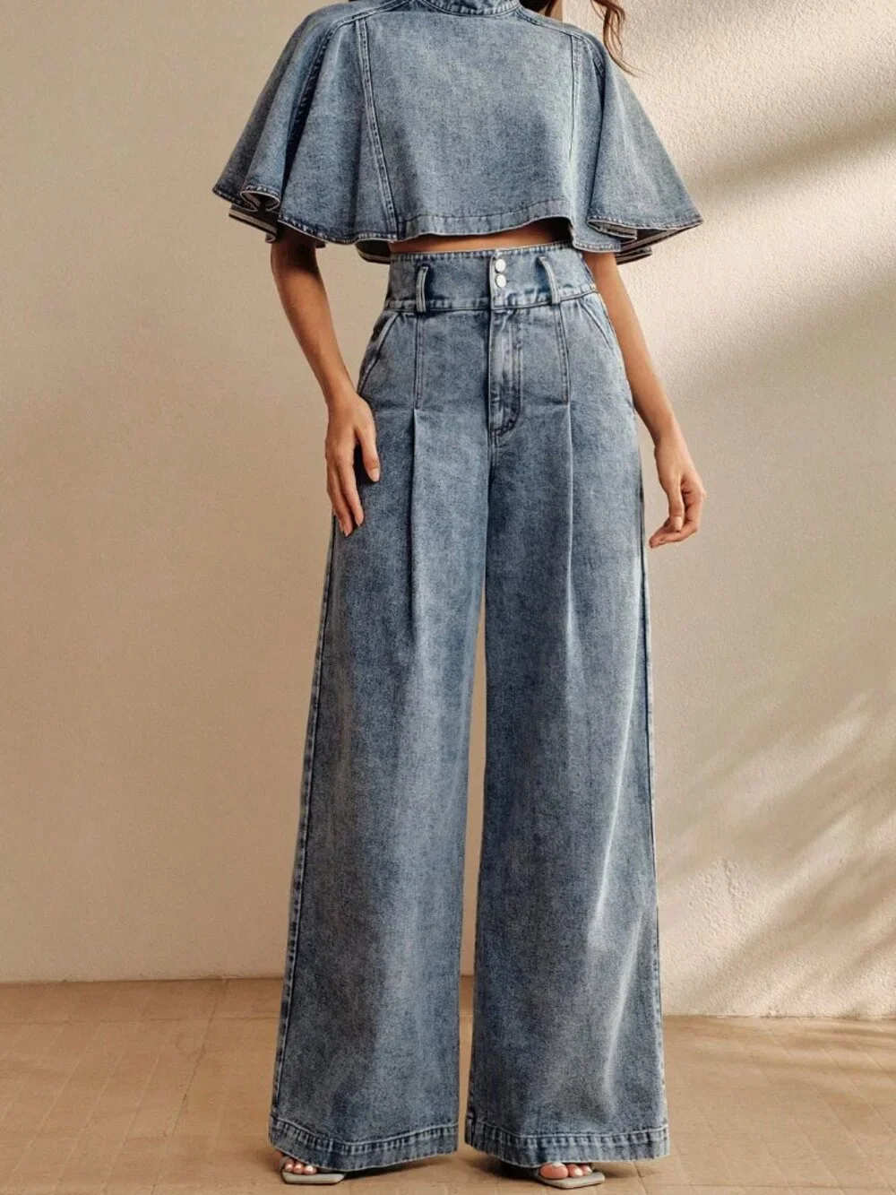Blue Casual Women's Denim High Waist Wide Leg Pants & Short Sleeve Cape Set